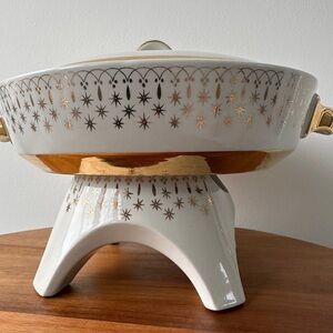 MCM Hall China Flare-Ware Starburst Covered Casserole with Pedestal Base